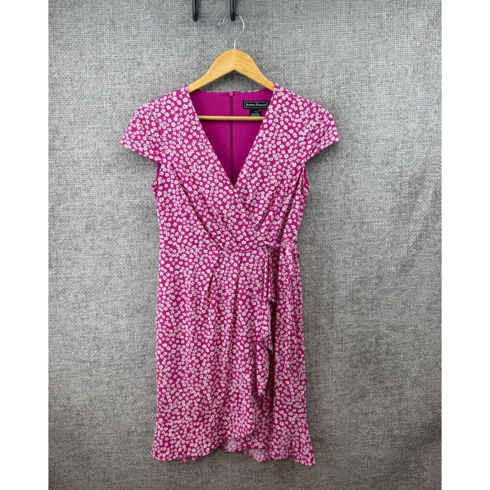 Jessica Howard Faux Wrap Dress Womens 4P Pink  Floral Cap Sleeve V-Neck